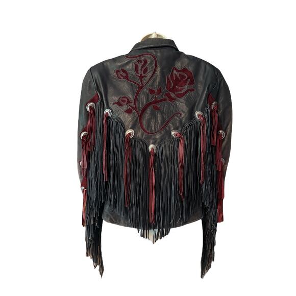 Vintage Dallas Leather Fringe Jacket Brown w/ Burgundy Rose Embroidery Size 10 - Picture 10 of 12